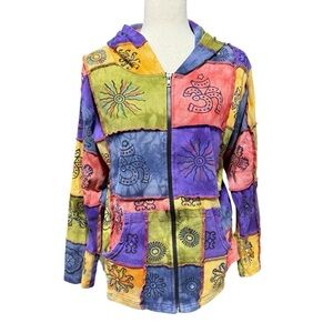 Rising International Y2K Patchwork Vintage Zip Hoodie Hand Painted Large Hippie